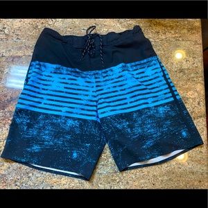 George Size Large (36-38) Black Board Shorts with Blue Vertical Stripes